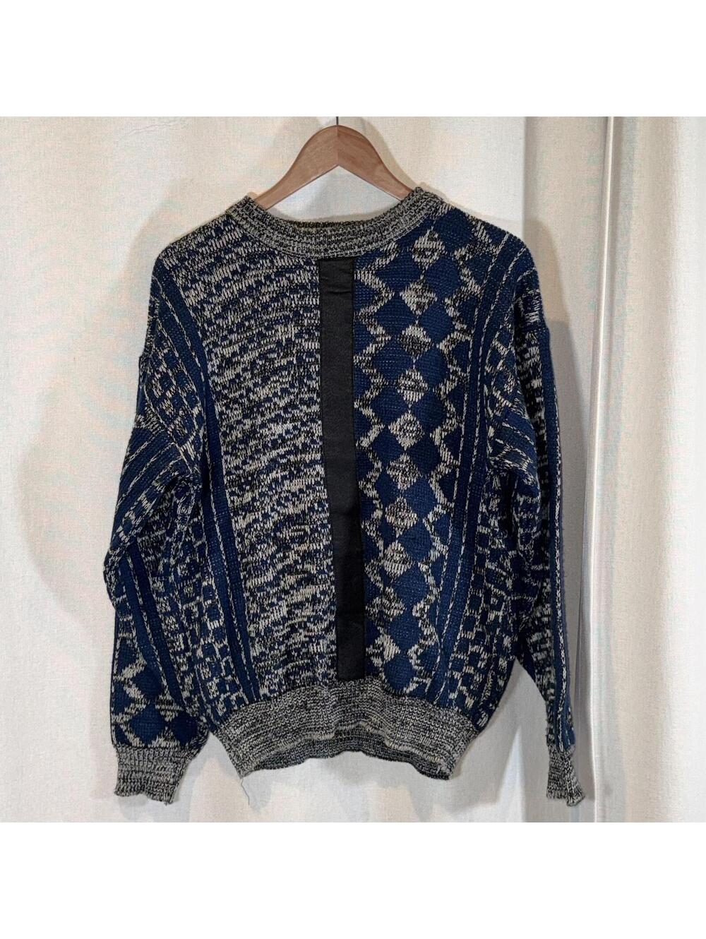 Vintage Leather Trim Sweater Large Grunge Geometric 90s Aspetuck Trading Co